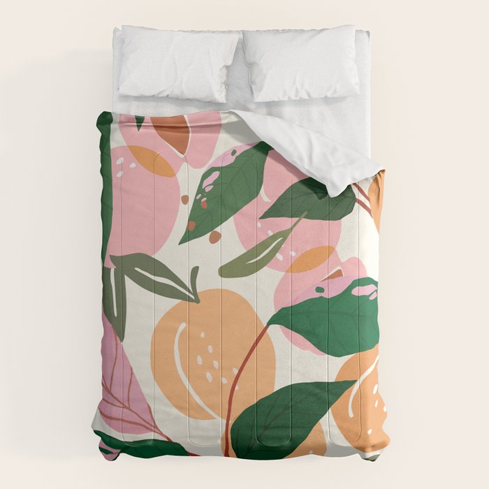 The Peach Garden , Vintage Botanical Tropical Jungle, Fruits Plants Pastel Summer Forest Comforter Gallery Image 6