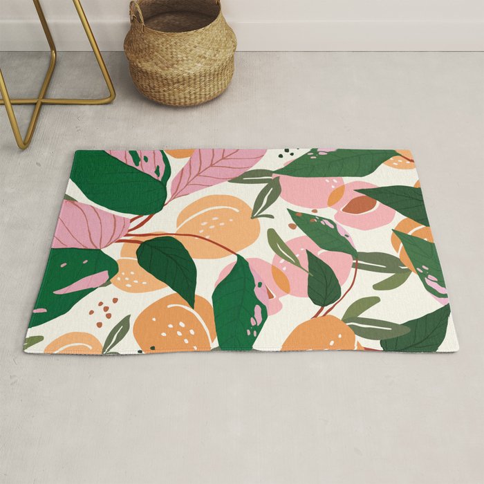 The Peach Garden , Vintage Botanical Tropical Jungle, Fruits Plants Pastel Summer Forest Rug Gallery Image 1