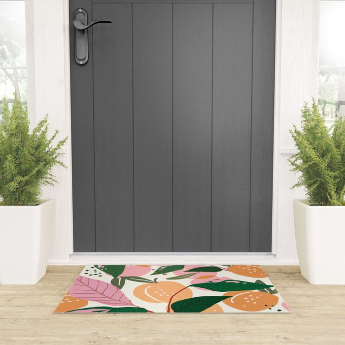 The Peach Garden , Vintage Botanical Tropical Jungle, Fruits Plants Pastel Summer Forest Welcome Mat Gallery Image 3