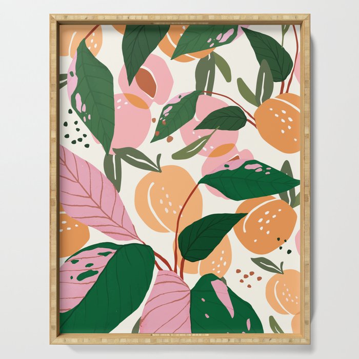 The Peach Garden , Vintage Botanical Tropical Jungle, Fruits Plants Pastel Summer Forest Serving Tray Gallery Image 1