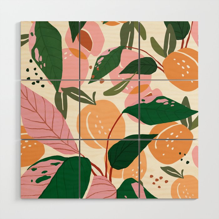 The Peach Garden , Vintage Botanical Tropical Jungle, Fruits Plants Pastel Summer Forest Wood Wall Art Gallery Image 1