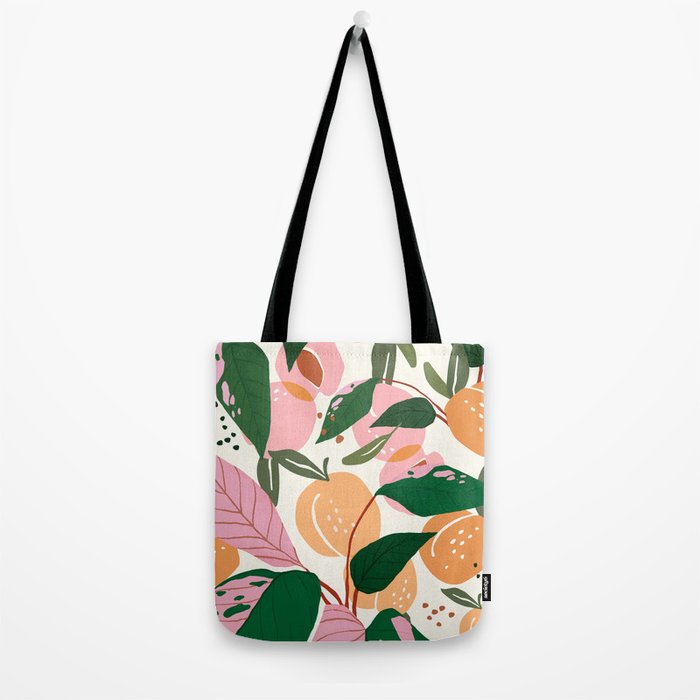 The Peach Garden , Vintage Botanical Tropical Jungle, Fruits Plants Pastel Summer Forest Tote Bag Gallery Image 2