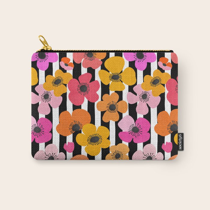 Midcentury Playful Botanica Bold Multicolor Retro Flowers On Black And White Stripes Carry All Pouch Gallery Image 1