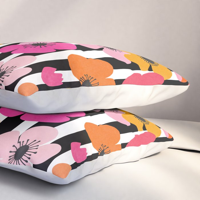 Midcentury Playful Botanica Bold Multicolor Retro Flowers On Black And White Stripes Pillow Sham Gallery Image 3
