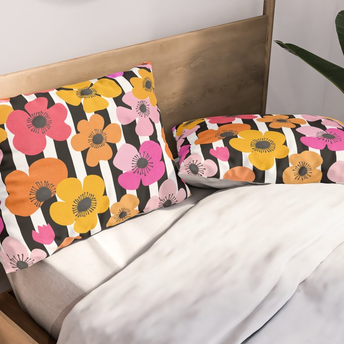 Midcentury Playful Botanica Bold Multicolor Retro Flowers On Black And White Stripes Pillow Sham Gallery Image 2