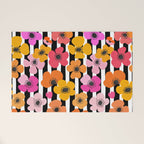 Midcentury Playful Botanica Bold Multicolor Retro Flowers On Black And White Stripes Welcome Mat Gallery Image 1