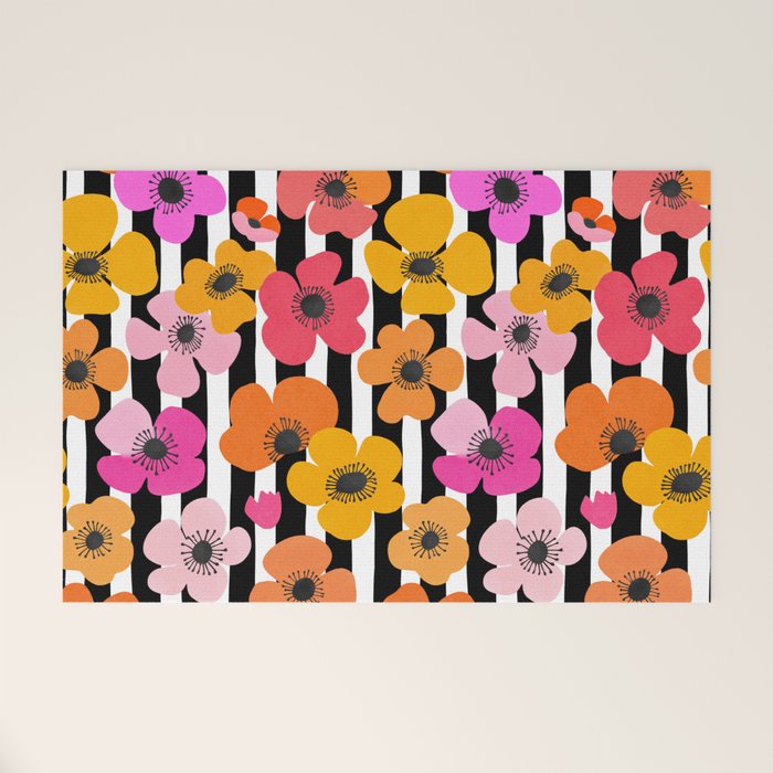 Midcentury Playful Botanica Bold Multicolor Retro Flowers On Black And White Stripes Welcome Mat Gallery Image 1