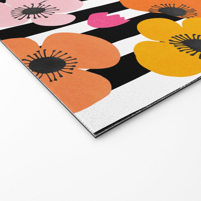 Midcentury Playful Botanica Bold Multicolor Retro Flowers On Black And White Stripes Welcome Mat Gallery Image 2