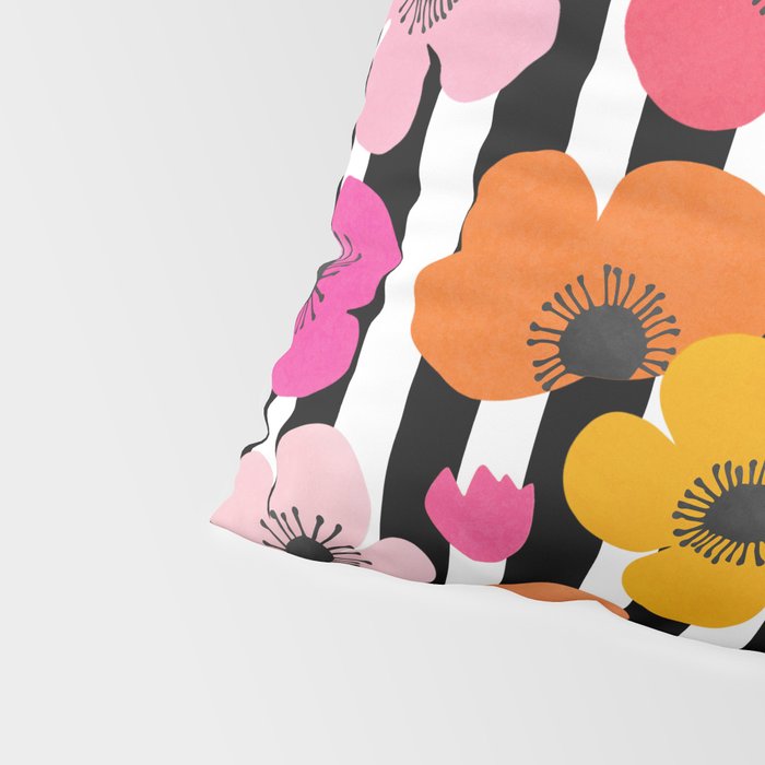 Midcentury Playful Botanica Bold Multicolor Retro Flowers On Black And White Stripes Pillow Sham Gallery Image 4