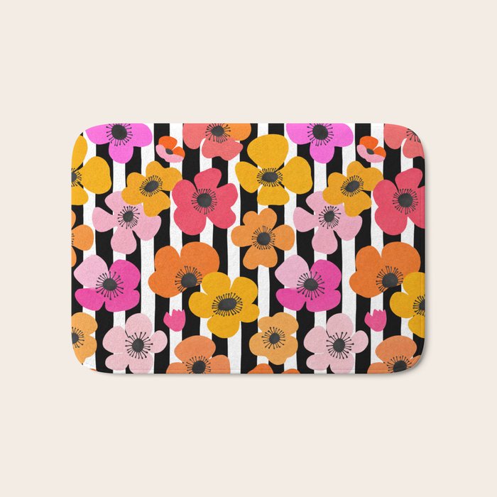Midcentury Playful Botanica Bold Multicolor Retro Flowers On Black And White Stripes Bath Mat Gallery Image 1