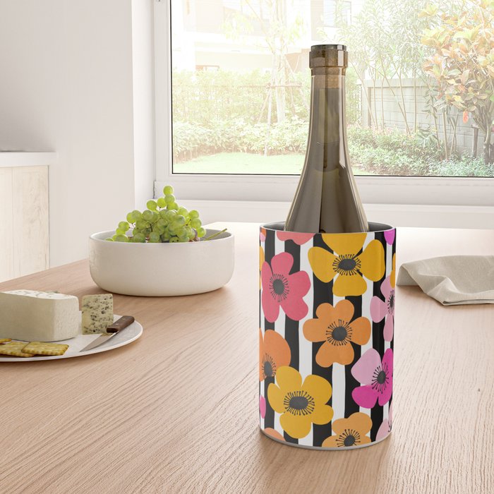 Midcentury Playful Botanica Bold Multicolor Retro Flowers On Black And White Stripes Wine Chiller Gallery Image 4