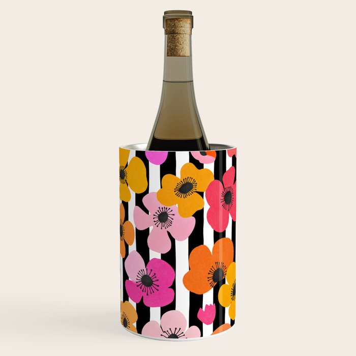 Midcentury Playful Botanica Bold Multicolor Retro Flowers On Black And White Stripes Wine Chiller Gallery Image 2