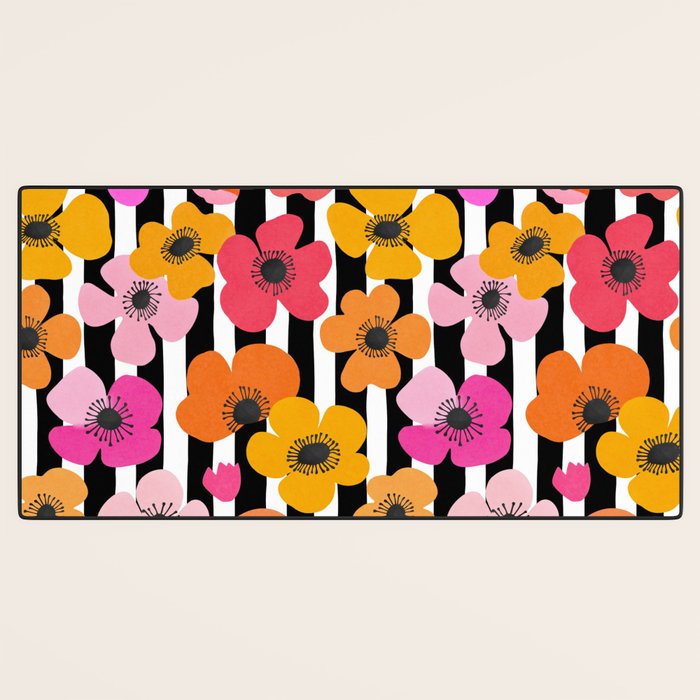 Midcentury Playful Botanica Bold Multicolor Retro Flowers On Black And White Stripes Desk Mat Gallery Image 3