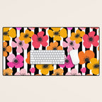 Midcentury Playful Botanica Bold Multicolor Retro Flowers On Black And White Stripes Desk Mat Gallery Image 1