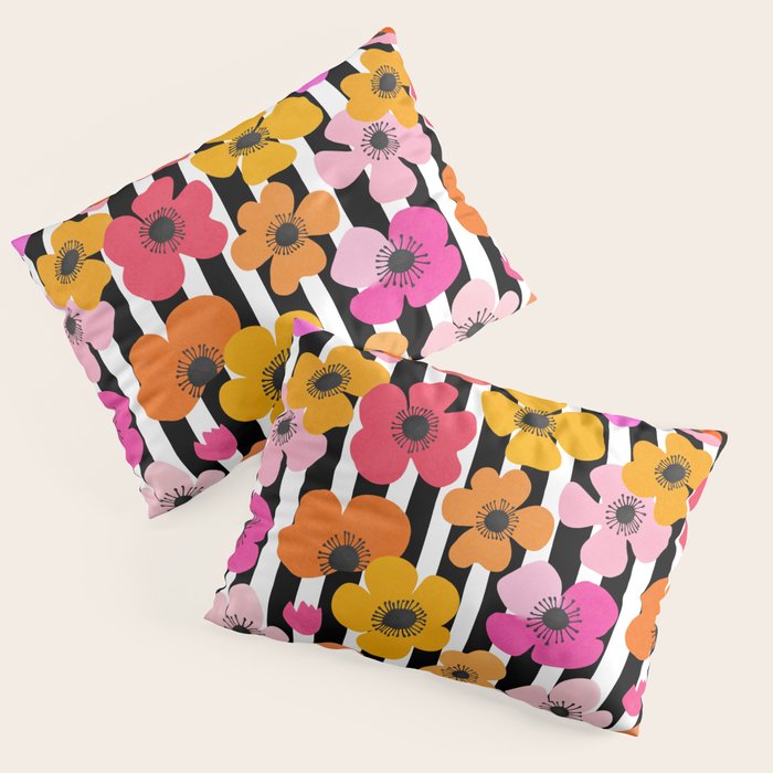Midcentury Playful Botanica Bold Multicolor Retro Flowers On Black And White Stripes Pillow Sham Gallery Image 3