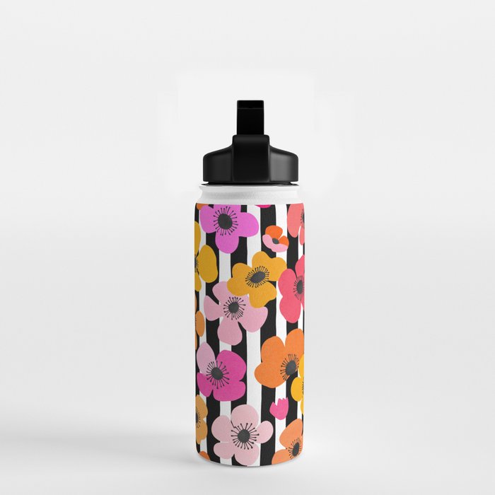 Midcentury Playful Botanica Bold Multicolor Retro Flowers On Black And White Stripes Water Bottle Gallery Image 2