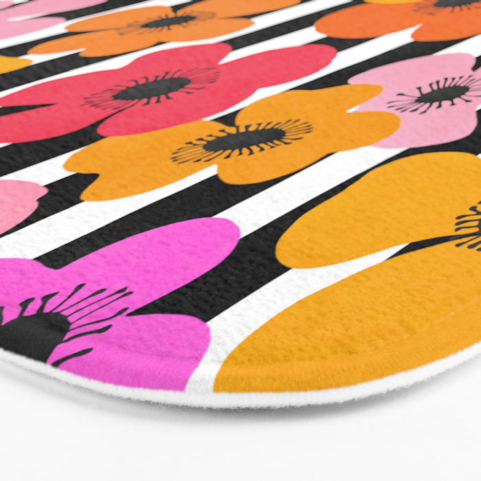 Midcentury Playful Botanica Bold Multicolor Retro Flowers On Black And White Stripes Bath Mat Gallery Image 3