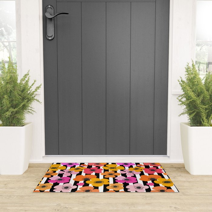 Midcentury Playful Botanica Bold Multicolor Retro Flowers On Black And White Stripes Welcome Mat Gallery Image 3