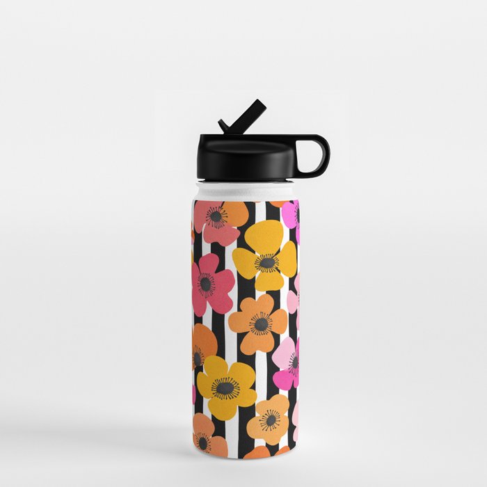Midcentury Playful Botanica Bold Multicolor Retro Flowers On Black And White Stripes Water Bottle Gallery Image 1