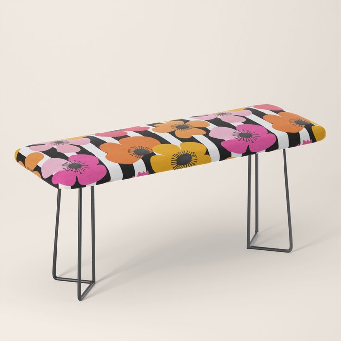 Midcentury Playful Botanica Bold Multicolor Retro Flowers On Black And White Stripes Bench Gallery Image 1