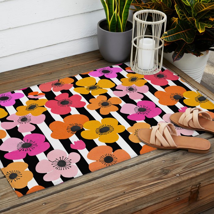 Midcentury Playful Botanica Bold Multicolor Retro Flowers On Black And White Stripes Outdoor Rug Gallery Image 2