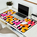 Midcentury Playful Botanica Bold Multicolor Retro Flowers On Black And White Stripes Desk Mat Gallery Image 2