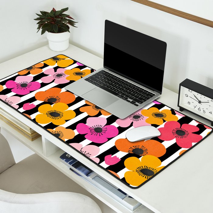 Midcentury Playful Botanica Bold Multicolor Retro Flowers On Black And White Stripes Desk Mat Gallery Image 2