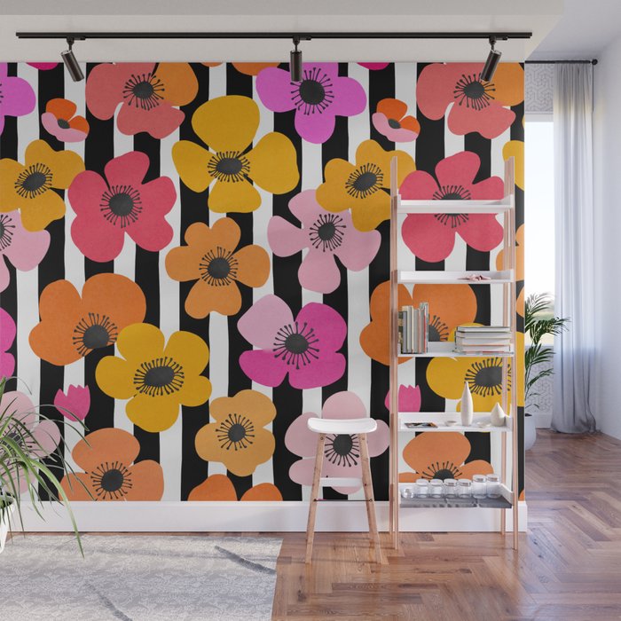 Midcentury Playful Botanica Bold Multicolor Retro Flowers On Black And White Stripes Wall Mural Gallery Image 1