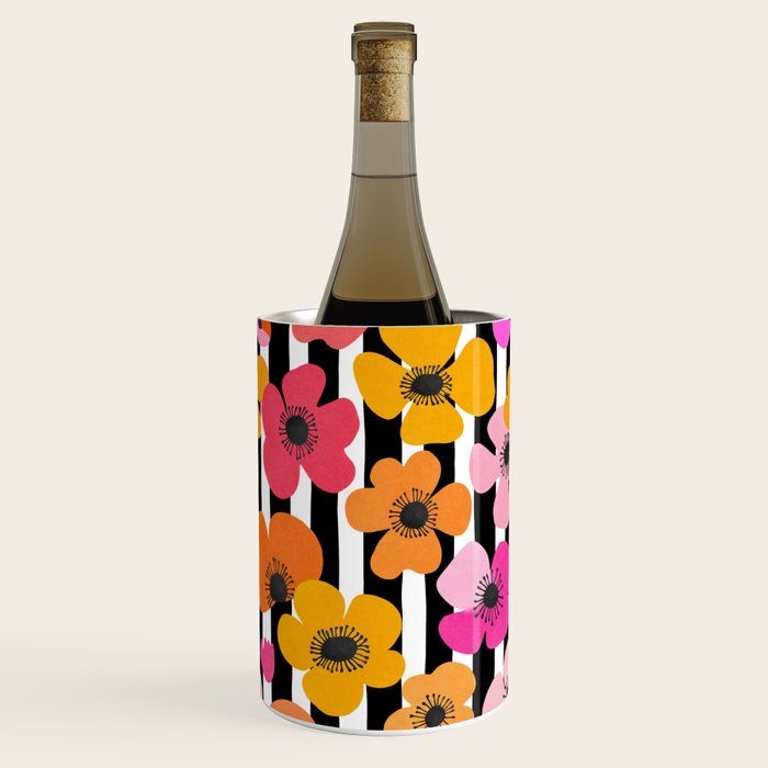 Midcentury Playful Botanica Bold Multicolor Retro Flowers On Black And White Stripes Wine Chiller Gallery Image 1