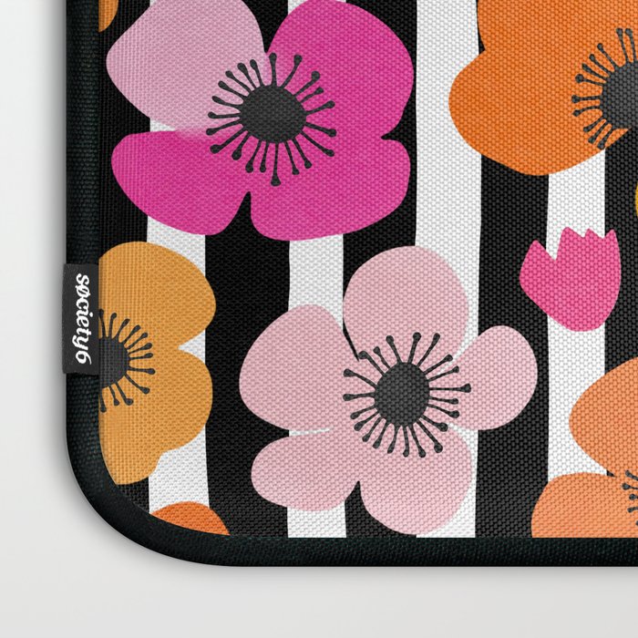 Midcentury Playful Botanica Bold Multicolor Retro Flowers On Black And White Stripes Laptop Sleeve Gallery Image 3