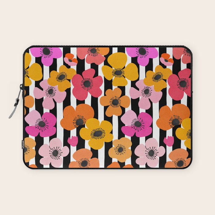 Midcentury Playful Botanica Bold Multicolor Retro Flowers On Black And White Stripes Laptop Sleeve Gallery Image 1
