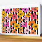 Midcentury Playful Botanica Bold Multicolor Retro Flowers On Black And White Stripes Wall Mural Gallery Image 2