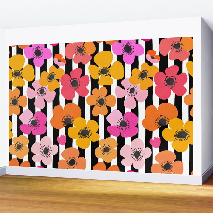 Midcentury Playful Botanica Bold Multicolor Retro Flowers On Black And White Stripes Wall Mural Gallery Image 2