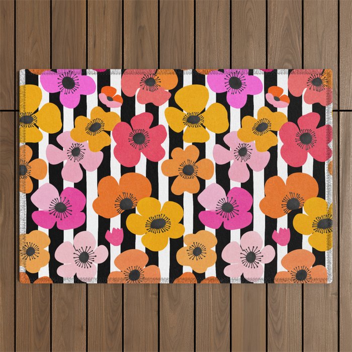 Midcentury Playful Botanica Bold Multicolor Retro Flowers On Black And White Stripes Outdoor Rug Gallery Image 1