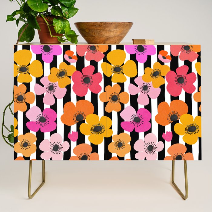 Midcentury Playful Botanica Bold Multicolor Retro Flowers On Black And White Stripes Credenza Gallery Image 1