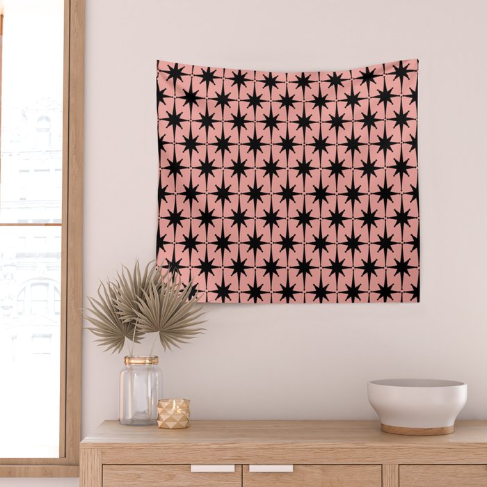 Midcentury Modern Atomic Starburst Pattern in 50s Bathroom Pink and Black Wall Tapestry Gallery Image 2