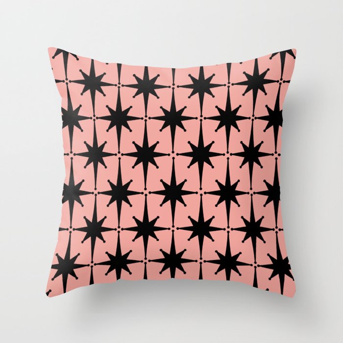 Midcentury Modern Atomic Starburst Pattern in 50s Bathroom Pink and Black Throw Pillow Gallery Image 1
