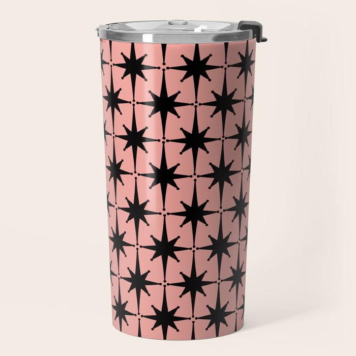 Midcentury Modern Atomic Starburst Pattern in 50s Bathroom Pink and Black Travel Mug Gallery Image 2