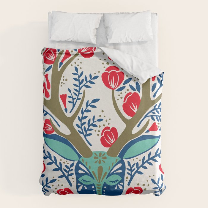 Floral Antlers - Red & Navy Duvet Cover Gallery Image 6