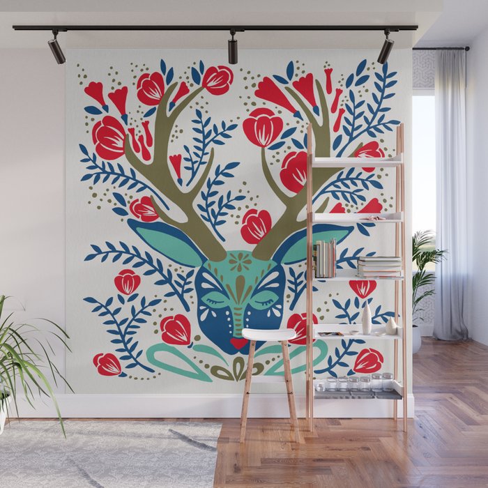 Floral Antlers - Red & Navy Wall Mural Gallery Image 1
