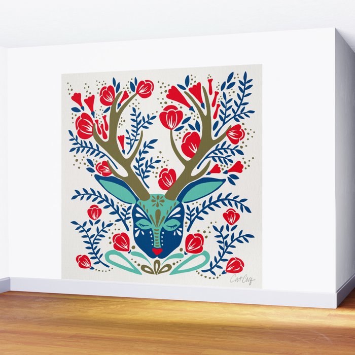 Floral Antlers - Red & Navy Wall Mural Gallery Image 2