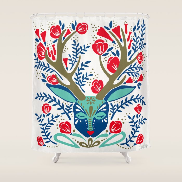 Floral Antlers - Red & Navy Shower Curtain Gallery Image 1
