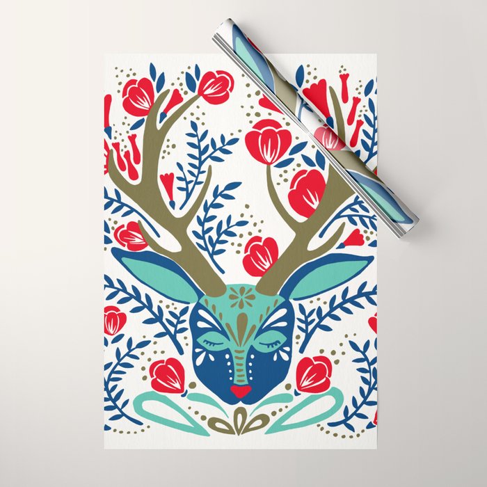 Floral Antlers - Red & Navy Wrapping Paper Gallery Image 1