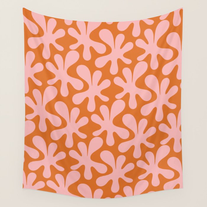 Funky Abstract Amoeba Dance Pattern Blush Pink and Orange Wall Tapestry Gallery Image 1