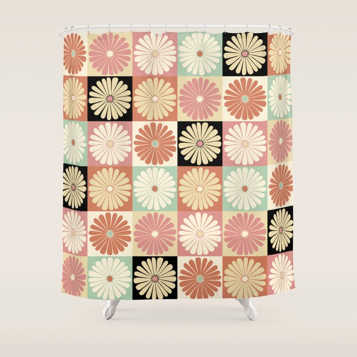 Retro Flowers Check Pattern XXVI Shower Curtain Gallery Image 1