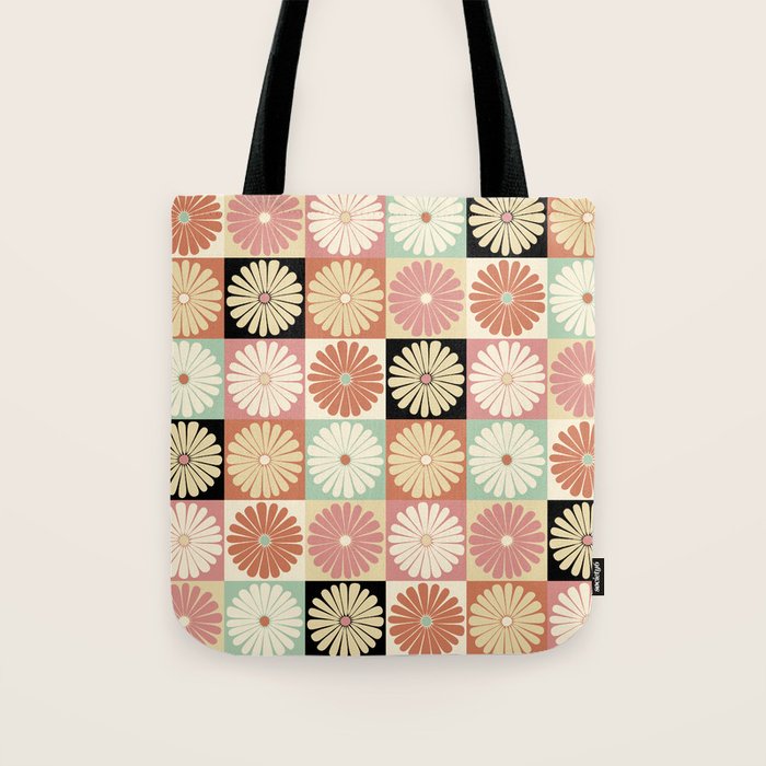 Retro Flowers Check Pattern XXVI Tote Bag Gallery Image 1