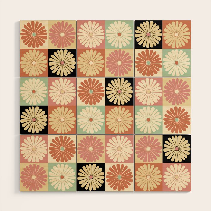 Retro Flowers Check Pattern XXVI Wood Wall Art Gallery Image 1