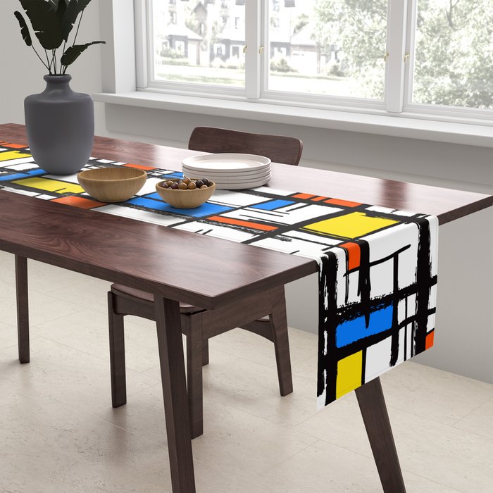 Bauhaus Aesthetic Piet Mondrian De Stijl Inspired Painted Pattern Table Runner Gallery Image 2