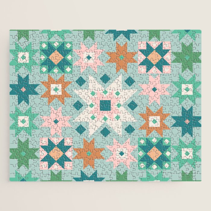 Geometric Quilt - Blue Green Jigsaw Puzzle Gallery Image 1
