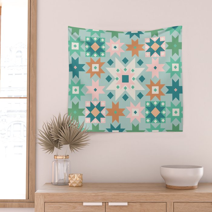 Geometric Quilt - Blue Green Wall Tapestry Gallery Image 2